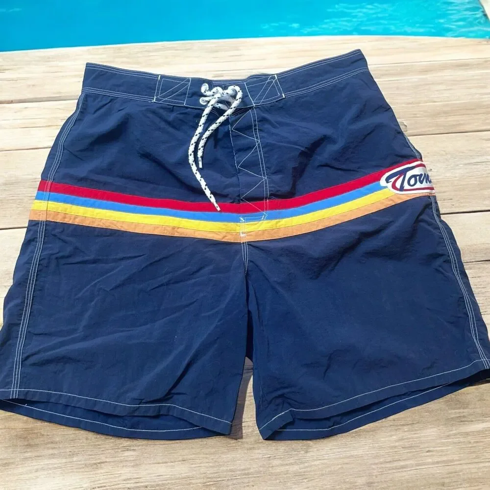 Vtg Tommy Hilfiger Men's L Board Shorts Swim Trunks Navy w. Stripe